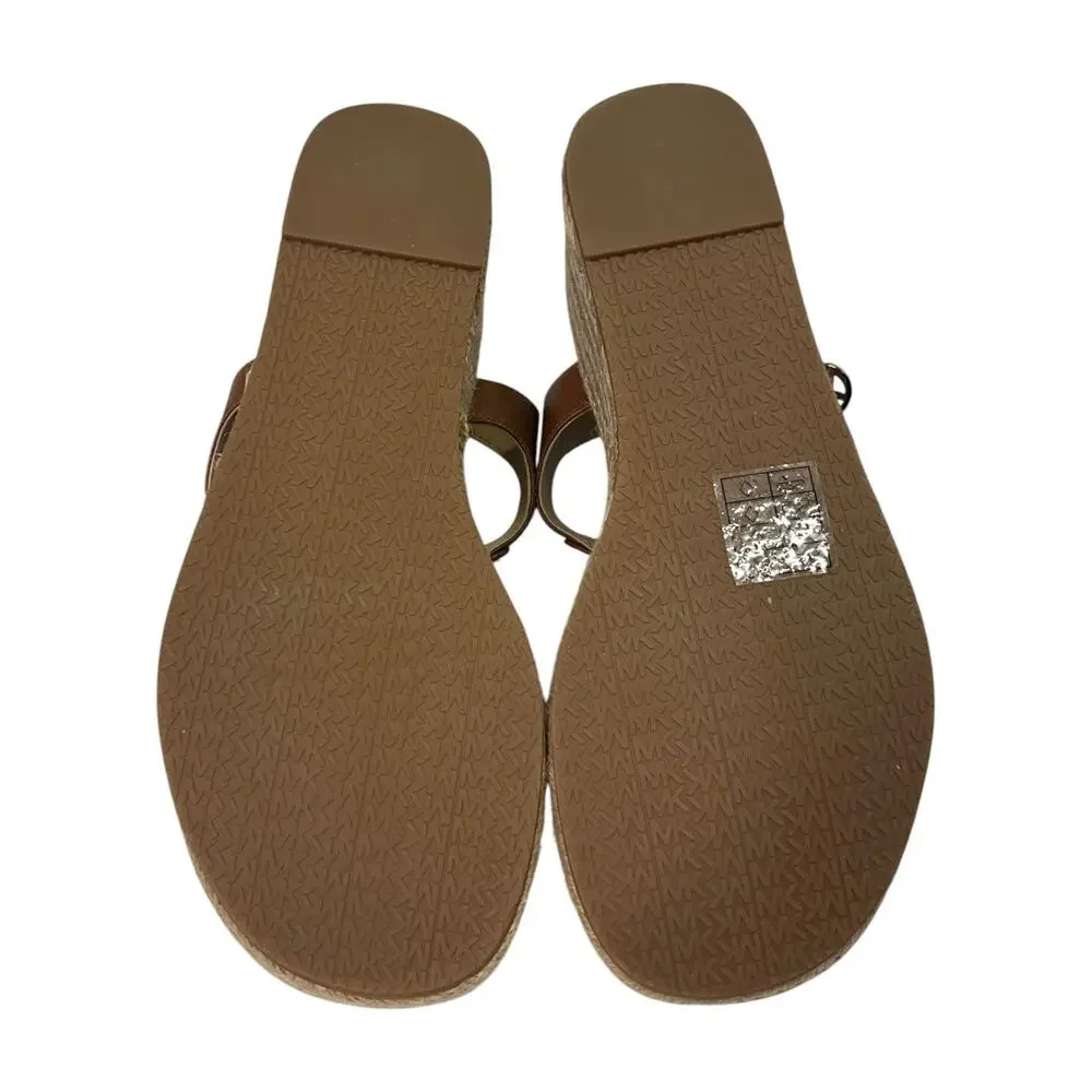 New Michael Kors Sandals Womens 7.5 Brown Leather T Strap Wedge Espadrille Beach
